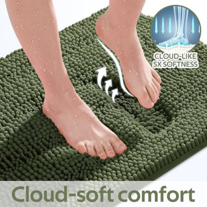 ACCUMTEK Christmas Striped Olive Green Toilet Bathroom Rug Mat Set 2 piece Rug Ultra Soft, Non Slip Chenille Bath Rugs, Absorbent Plush Shaggy Bath Mats for Bathroom, Bedroom, Kitchen, Shower, Tub