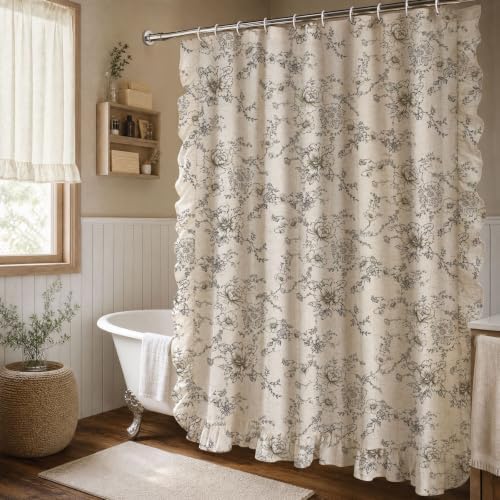 Farmhouse Floral Ruffle Shower Curtain for Bathroom