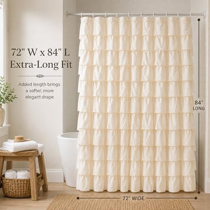 Beige Ruffle Shower Curtain for Bathroom, 72x84 inch, Elegant Ruffled Panel
