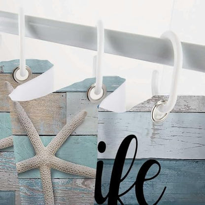 Beach Shower Curtain, Rustic Vintage Wood Ocean Quote Words Summer Fabric Decor Bath Curtain, Nautical Coastal Starfish Theme Bathroom Curtain Accessories with Hooks 72X84in