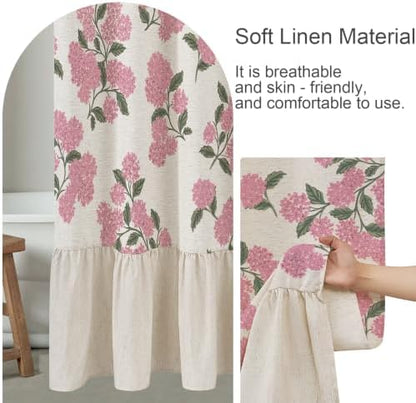 ORTIGIA Linen Textured Ruffle Shower Curtain with Metal Hooks, Vintage Pink Hydrangea Floral Boho Waterproof Bath Curtain for Rustic Farmhouse Bathroom Decor 72x72 Inch