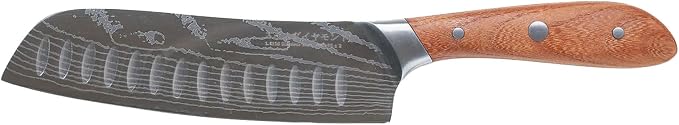 Swiss Diamond Santoku Knife, German Steel with Carbonized Ash Wood, Full Tang Handle, Damascus Blade Chef Knives Professional Grade, 55+2 Rockwell Hardness, 7 Inch