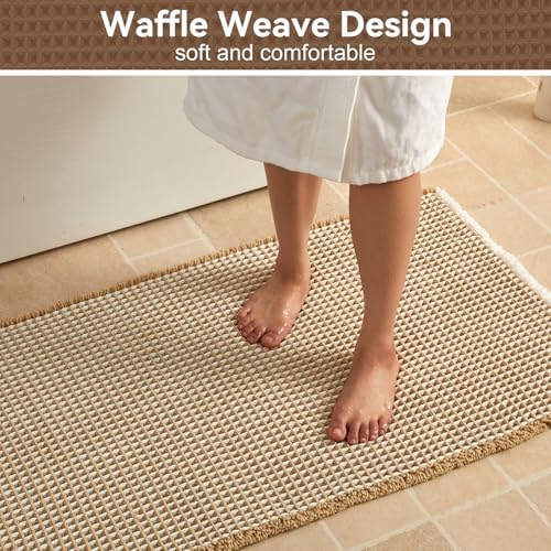 Triohero Waffle Bath Mat, Boho Bathroom Rugs Non Slip, 24x36 Khaki & White