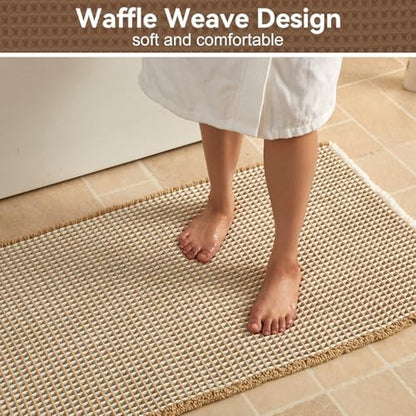 Triohero Waffle Bath Mat, Small Boho Bathroom Rugs, 16x24 Khaki & White