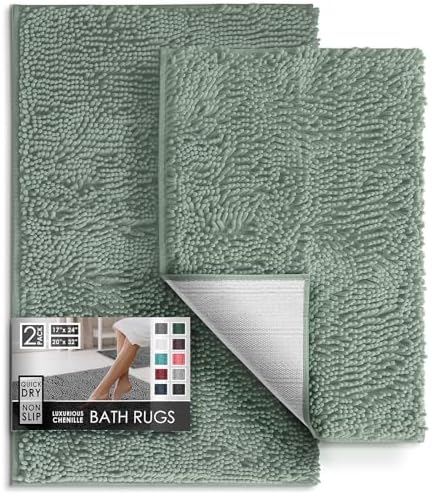 Hearth & Harbor Bathroom Rugs, Chenille Bath Mat - Machine Washable Bath Mats for Bathroom Non-Slip Backing Rubber, Quick Dry Bathroom Mat, 17 x 24 + 20 x 32 - Ice Green