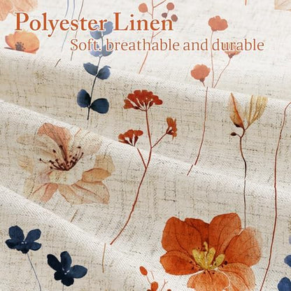 Gibelle Orange Navy Linen Watercolor Floral Fabric Shower Curtain, 72x72