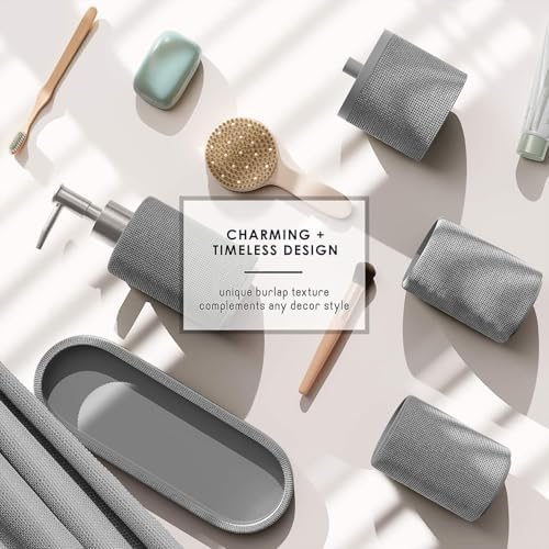 Clara Clark Bathroom Set - Grey Bathroom Accessories Set, 5PC Bathroom Accessory Set, Bathroom Sets with Soap Dispenser, Toothbrush Holder, Tumbler, Cotton Swab Jar & Vanity Tray