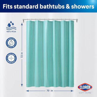 Clorox Shower Curtain Liner, Premium Striped Medium-Weight Durable Waterproof 6g PEVA for Bathroom with Weighted Magnets, Printed Standard Size 72" x 72", Aqua