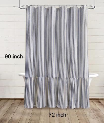 Farmhouse Shower Curtain Ruffle Linen Cream-Blue Stripe 72"W x 90"L