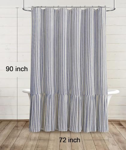 Farmhouse Shower Curtain Ruffle Linen Cream-Blue Stripe 72"W x 90"L