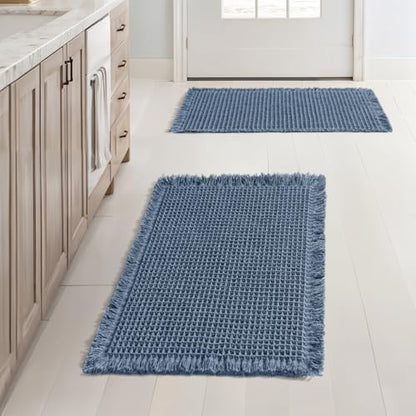 MIULEE Set of 2 Waffle Bathroom Rugs Boho Bath Mat Blue 17x24 Inch