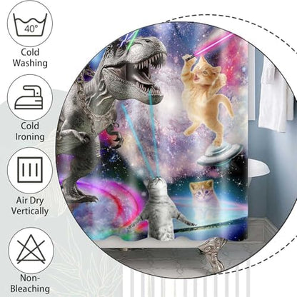 Funny Cat Shower Curtain, Cool Cat Dinosaur Japanese Ocean Wave Shower Curtain, Cat Riding Dinosaur Fun Shower Curtain Nautical Kids Children Rustic Wooden Farmhouse Shower Curtain, 60X70inch, Purple