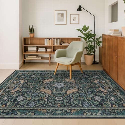 Vintage 4x6 Washable Entryway Rug, Blue & Green Floral Bird Woodland Rug, Non-Slip Low Pile Stain Resistant Carpet for Kitchen, Bedroom, Small Living Room