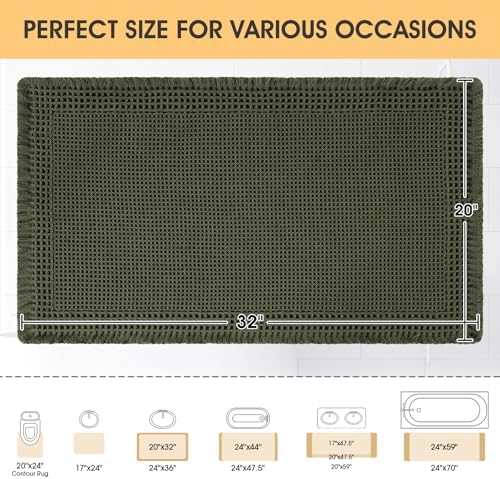 Waffle Bath Mat, Boho Woven Modern Bath Rug Absorbent Non Slip, Ultra Soft Bathroom Mats, Machine Washable Knit Bath Rugs with Border for Bathroom, Bedroom, Kitchen, Shower, Tub, 32"x20", Dark Green