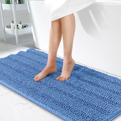 OLANLY Bathroom Runner Rugs 47x24, Soft Chenille Bath Rugs, Cornflower Blue