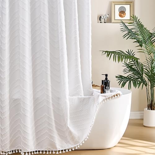 Siiluminisoy White Shower Curtain Fabric Boho Shower Curtain Cloth Textured Tufted Chevron Elegant Shower Curtains Waterproof for Bathroom 72" x 72"