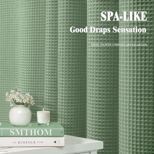 Long Waffle Shower Curtain Heavyweight Cotton Fabric Sage Green 72Wx78L