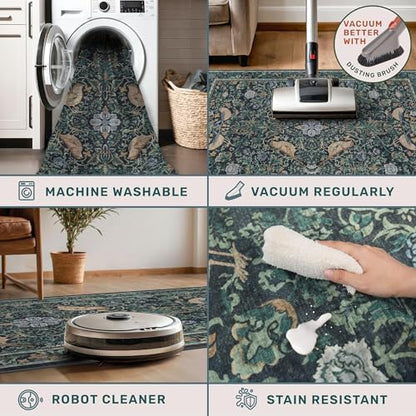 Vintage 8x12 Area Rugs for Living Room - Blue Soft Floral Rug for Bedroom, Dining Room, Washable Botanical Bird Carpet, Non-Slip Stain Resistant Low Pile Throw Rug Indoor Door Mat