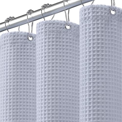 Waffle Weave Shower Curtain Heavyweight Cotton Fabric Misty Blue 72Wx75L