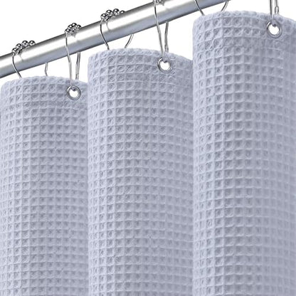 Waffle Weave Shower Curtain Heavyweight Cotton Fabric Misty Blue 72Wx75L