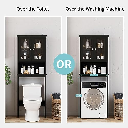 Shintenchi Over The Toilet Storage Cabinet, Bathroom Shelf Organizer with Anti-Tip Device Small Freestanding Space Saver with Adjustable Shelf and Glass Door, Black