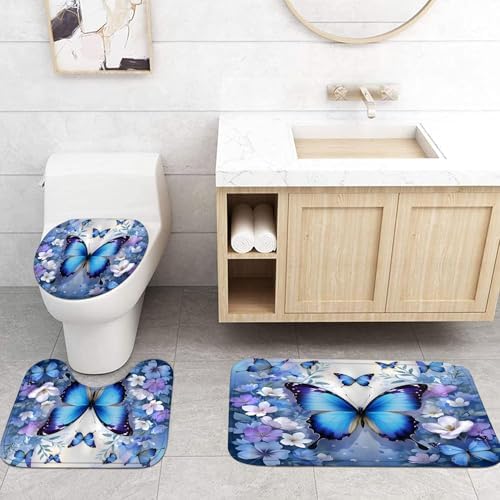 Chrainy 4pcs Blue Butterfly Shower Cutain Set Bathroom Decor with Rugs