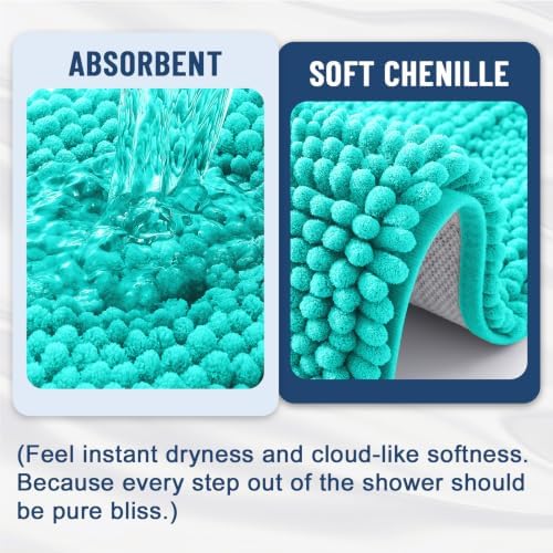 Grandaily Chenille Striped Bathroom Rugs 59x20, Extra Thick and Soft Absorbent Bath Mats, Rubber Backing, Plush Shaggy Shower Carpet, Machine Wash Dry, Bath Rug for Bathroom, Turquoise