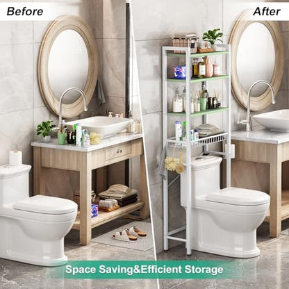 Kalrin Over-The-Toilet Storage Rack, 4-Tier Bathroom Organizer Shelf Over Toilet with Adjustable Shelf and Basket, Freestanding Space Saver Bathroom Shelves Above Toilet for Room (Avocado Green)