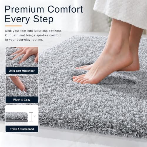 OLANLY Microfiber Bathroom Rugs 30x20, Quick Dry Bath Mat, Grey and White
