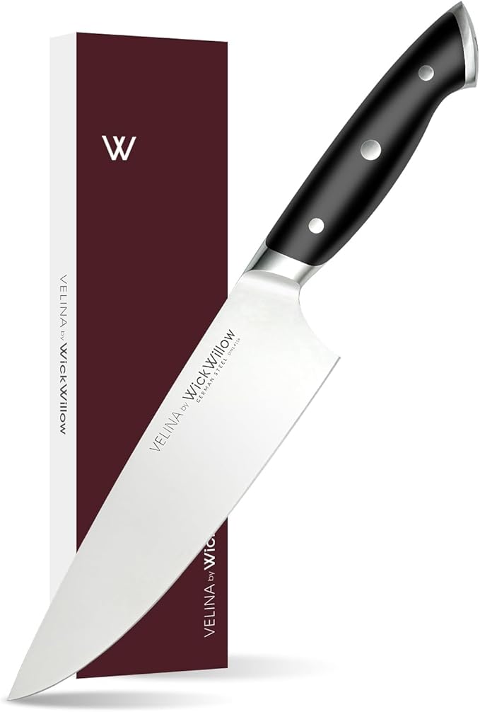 WICKWILLOW 8-Inch Chef Knife - German X50CrMoV15 Steel, Razor-Sharp All-Purpose Kitchen Knife for Everyday Cooking, Meal Prep, Meat, Vegetables & Herbs - Full Tang, Ergonomic Handle, Gift Box