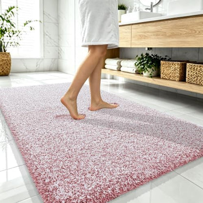 OLANLY Microfiber Bathroom Rugs 59x35, Quick Dry Mat, Deep Rose and White