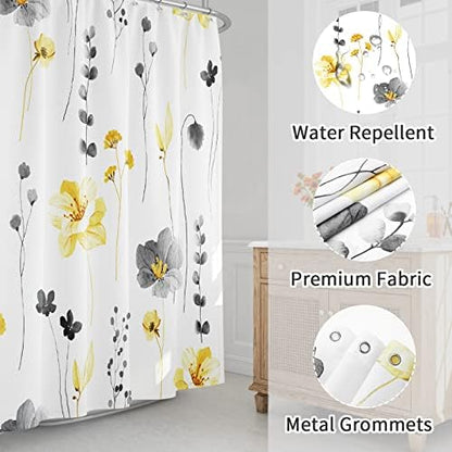 Gibelle Yellow Beige Watercolor Floral Fabric Shower Curtain, 36x72