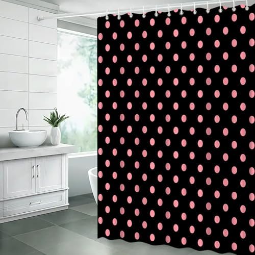 Polka Dot Shower Curtain Pink Spot Black Retro Vintage Fabric Decorative Bathroom Curtains with Hooks,70" Wx84 H