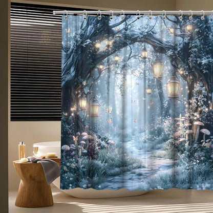 Fantasy Forest Path Shower Curtain Winter Fairy Magical Enchanted Misty Jungle Mushroom Floral Tree Butterfly Lantern Wonderland Bath Curtain Fabric Bathroom Accessories Decor with Hooks 70W x90L