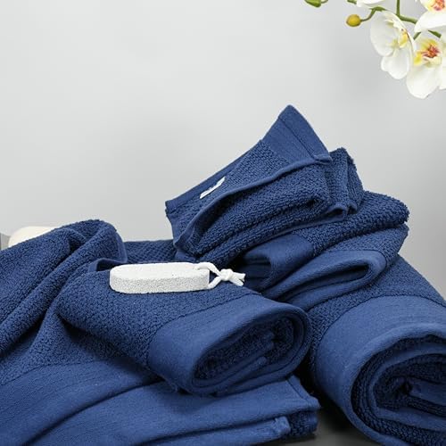 Tens Towels Pack of 8 Popcorn Textured Luxury Towels Set, 2 Extra Large Bath, 2 Hand, 4 Washcloths, 100% Cotton, Plush Hotel Quality, Super Absorbent, Perfect for Your Bathroom, Navy