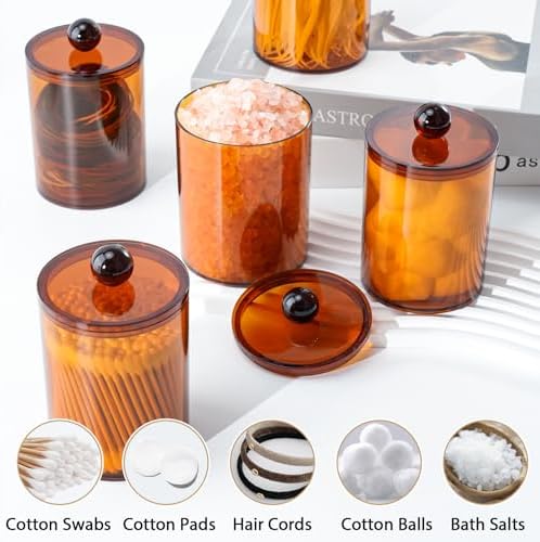 2 Pcs Acrylic Qtip Holder, Cotton Ball Holder Jars with Lids, Brown