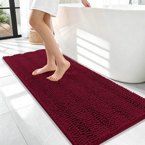 OLANLY Thick Bathroom Runner Rugs 47x17, Soft Chenille Bath Rugs, Burgundy