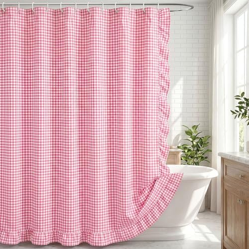HunnmingRe Ruffled Gingham Shower Curtain Pink