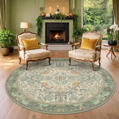 Hazo Haus Washable Sage Green 5ft Area Round Rug for Living Room - Vintage Circular Rug for Kids Bedroom, Dining Room, Office with Botanical Floral Bird Pattern, Low Pile Non Slip Stain Resistant