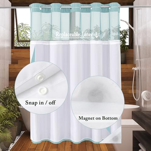 Gibelle No Hook Cloth Teal Shower Curtain with Liner, 72x80