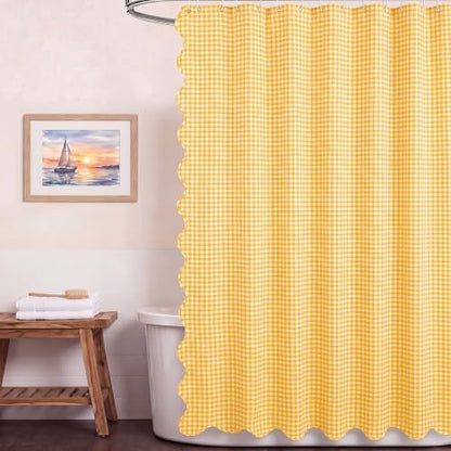 HunnmingRe Scalloped Gingham Shower Curtain Yellow