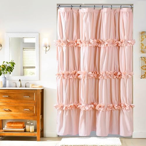 Homechoice Decor Peach Pink Ruffle Shower Curtain, Vintage Handcrafted Bow Tie Bath Curtain for Master Bathroom, Ruched Microfiber Bathroom Curtain with 8 Buttonholes, 48" W x 72" H (LQ-10)