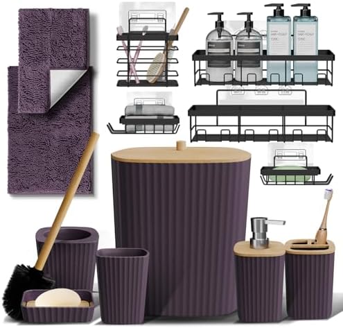 Clara Clark Bathroom Set - Purple Bathroom Accessories Set, 6PC Bathroom Accessory Set, Bathroom Sets with Bathroom Rugs, Adhesive Corner Shower Caddy Hanging, Toilet Brush, Trash Can & Soap Dispenser