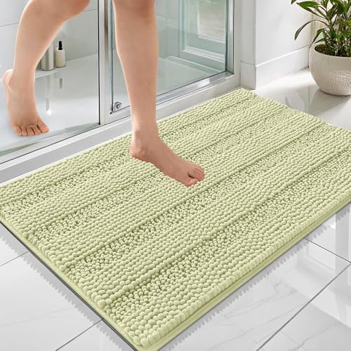 OLANLY Thick Bathroom Rugs 36x24, Soft Chenille Striped Bath Rugs, Vanilla