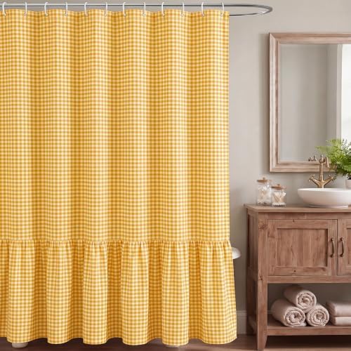 HunnmingRe Ruffle Hem Gingham Shower Curtain Yellow