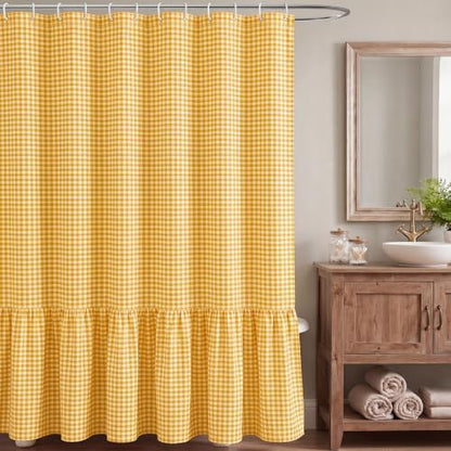HunnmingRe Ruffle Hem Gingham Shower Curtain Yellow