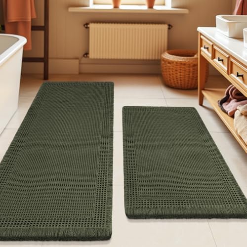 Waffle Bath Mat Set 2 Piece, Boho Woven Modern Bath Rug Absorbent Non Slip, Soft Bathroom Mats, Machine Washable Knit Bath Rugs with Border for Bathroom, Bedroom, Kitchen, Shower, Tub, Dark Green