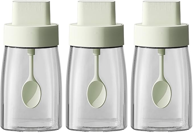 LOYUYU Kitchen Sodium Calcium Glass Spice Jars Seasonning Box Set of 3, Condiment Pots Spice Jars, Retractable Spoon and Lid Combination Design, Airtight Cap 9.7oz Green