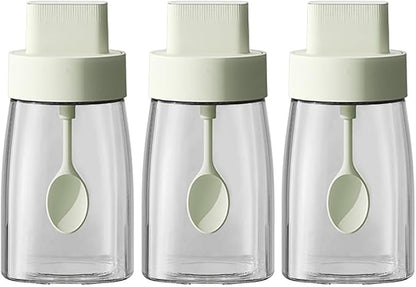 LOYUYU Kitchen Sodium Calcium Glass Spice Jars Seasonning Box Set of 3, Condiment Pots Spice Jars, Retractable Spoon and Lid Combination Design, Airtight Cap 9.7oz Green