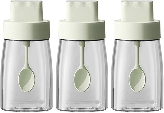 LOYUYU Kitchen Sodium Calcium Glass Spice Jars Seasonning Box Set of 3, Condiment Pots Spice Jars, Retractable Spoon and Lid Combination Design, Airtight Cap 9.7oz Green